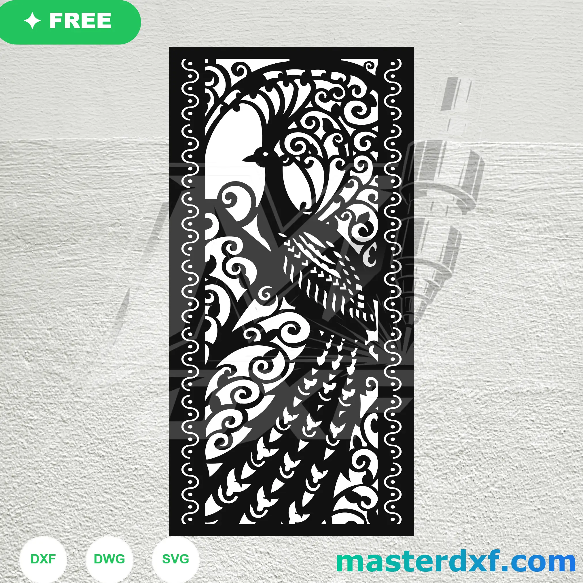 Stylized Peacock and Wave Scroll Artistic Screen Layout DXF File